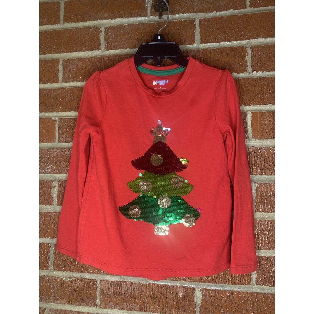 Lightning Bug Girls Shirt Christmas Tree Flip Sequin Red 4